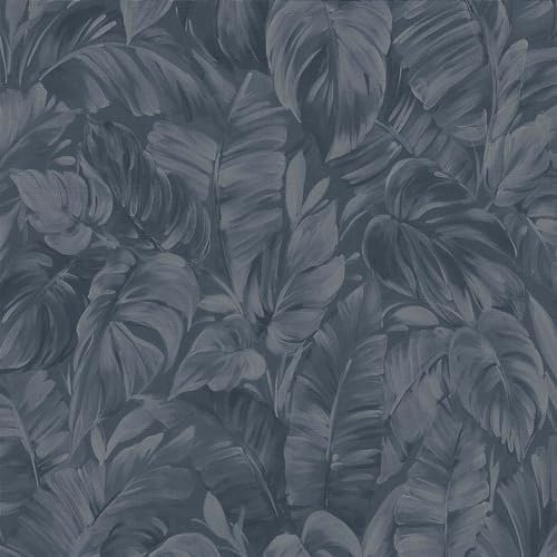 Play of Light Bold Tropical Palm Leaf Themed Lightly Textured Hardwearing Vinyl Wallpaper for Living Rooms Hallways Bedrooms Feature Walls Navy Blue by Erismann 10416-08
