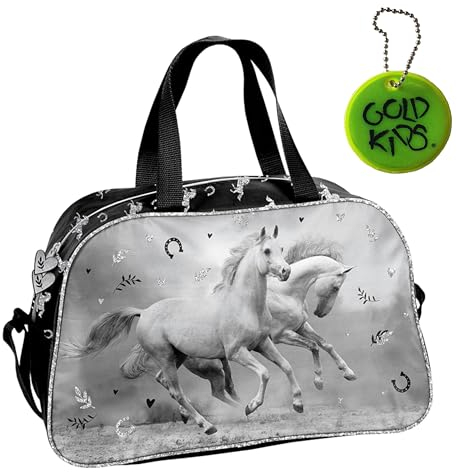 Goldkids - Sporttasche Kinder für Mädchen & Jungen - Umhängetasche mit Pferde Motiv - Schwimmtasche mit verstärktem Boden - Trainingstasche 40 cm x 25 cm x 15 cm