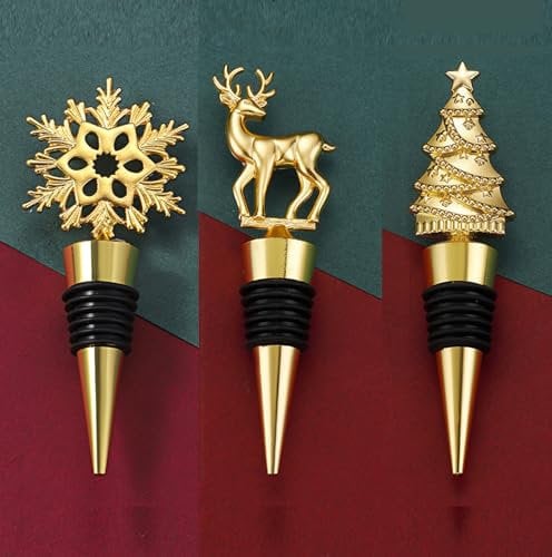 3 Stück Weinflaschenverschluss Weihnachten, Goldene Weinstopper Elch Schneeflocken Baum Flaschenverschluss Weinverschluss für die Weinsammlung Wein Champagner, Lustige Weihnachten Geschenke