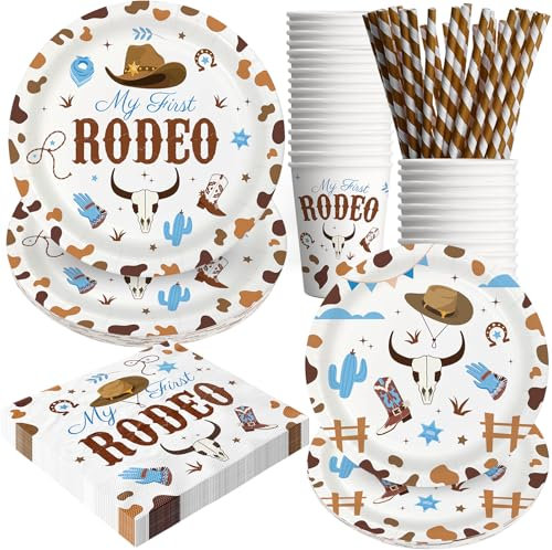 BOIKOKY My First Rodeo Decoraciones para Fiesta de Cumpleaños, 120 Piezas Vaquero Rodeo Temas Vajilla Desechable Y Occidental Incluye Platos De Papel, Servilletas, Vasos Y Pajitas | Para 24