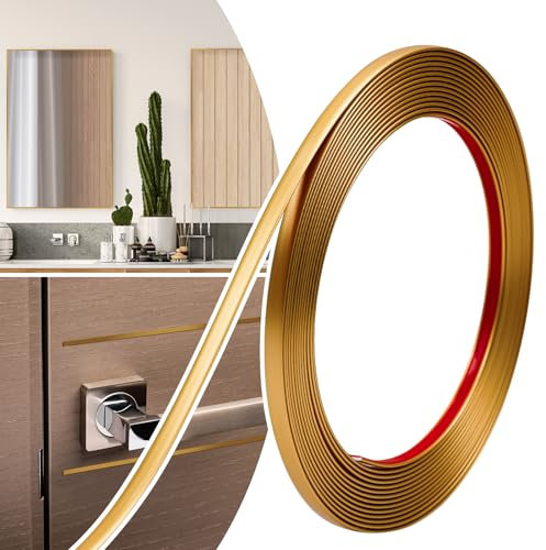 JSIWOTH Zierleisten Selbstklebend, Kantenschutz Leisten, Flexible Selbstklebender Dekorationsleiste für Türen, Fenster, Spiegelrahmen, Wände, Decken, Böden, Fliesen, Ränder, Matt Gold, 0,64cm × 6M