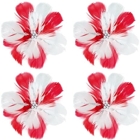 4 Pcs Feather Christmas Flower, 10cm Plume Artificial Flowers Glitter Poinsettia Ornaments for Tree Decorations Garland (Red White)