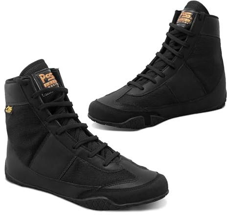 PSS Baskets Chaussures Sports Enfants Ado Adultes Boxe Lutte Muay Thai Kickboxing Boxe Anglaise Française Taekwondo Fitness Musculation Lacets Longs Semelle Antidérapante Réf. 1129, Noir Taille 35