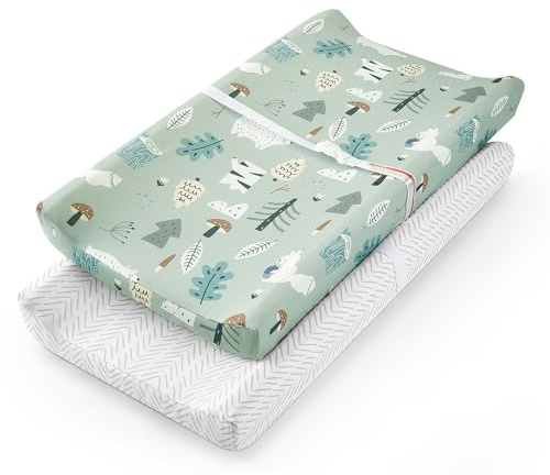 TILLYOU Wickelunterlagen-Set aus weichem Jersey-Material – passend für 81,3 cm x 40,6 cm konturierte Pads für Babys, Dschungelspaziergang und weiße Streifen