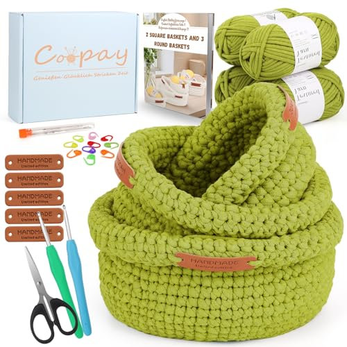 Coopay Häkelset für Anfänger – 3 Größen – runde Körbe – mit Anleitung – DIY mit Wolle, lernen Häkelarbeiten