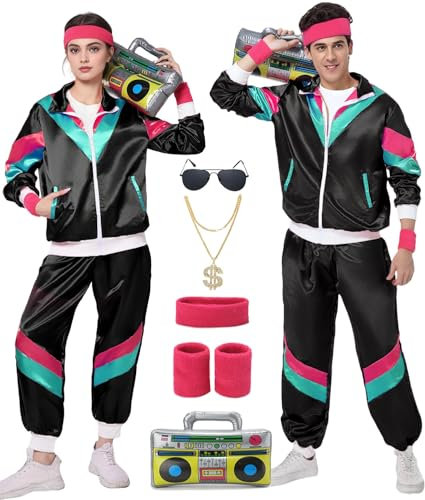 FOVER 80er Jahre Outfit Herren Damen 80er 90er Kostüm Trainingsanzug Pop Art Retro Stil Zubehör set mit 80er Aufblasbares Radio Sonnenbrille Halskette Schweißband Mottoparty Schwarz FR015XLA