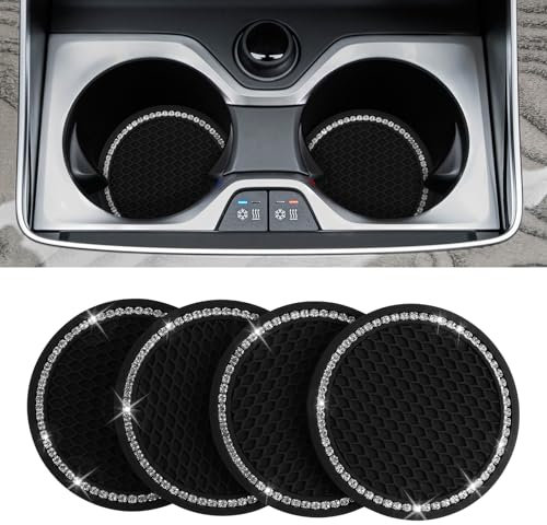 4 Stück Bling Auto Untersetzer Silikon Auto Tasse Halter Einsatz Untersetzer Kristall Strass Anti-Rutsch Auto Untersetzer Autozubehör für Frauen, Schwarz/Glitz (7 cm)