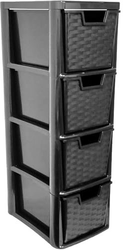 ALEEZ - 4 Drawer Storage Unit - Rattan Effect Plastic Tower Unit - Home Office Desktop Organizer - Cosmetic, stationery, Craft Table Top Drawer - Multipurpose Storage Solution (Black, 4 Drawer)