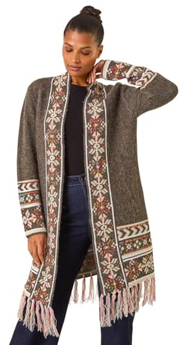 Roman Originals Women Cardigan - Ladies Longline Coatigan Tassel Open Front Cardi Winter Autumn Casual Textured Edge to Edge Yarn Patterned Comfy Work Going Out - Green Multi - Size 18