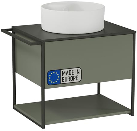 BadeDu Duna Waschtisch mit Unterschrank – 60 cm breit, Aufsatzwaschbecken aus Keramik in weiß mit Waschbeckenunterschrank in Grün, skandinavisches Design mit Waschplatte in Anthrazit