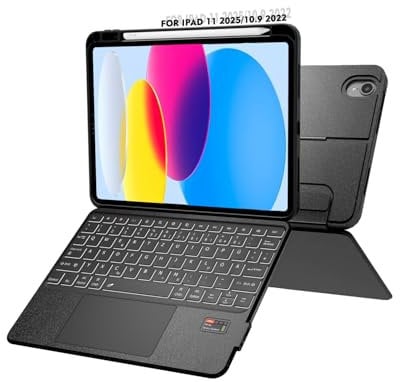 Doohoeek Tastatur Hülle mit Display für iPad 11. Generation 2025(A16) 11 Zoll/iPad 10. Gen 2022 10,9 Zoll, Bluetooth Kabellose Trennbare Tastatur mit Trackpad, 7 Farbige Beleuchtung, QWERTZ, Schwarz