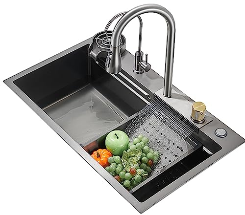 SQMGFA Fregadero de Cocina Raindance con Grifo de Cascada de Acero Inoxidable, Lavabo rústico con lavaplatos, un Solo Color, 80 x 45 cm