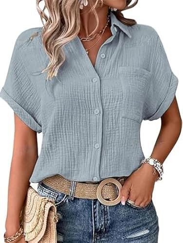 blusen & Tuniken für Damen, Musselin Bluse Damen Shirts Bluse Elegant Tunics Sommer Tshirt Kurzarm Leinen Knopf Bluse Lange Oversized T-Shirt Casual für Leggings