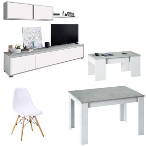 Mobelcenter, Conjunto Salón Cemento, Incluye Mueble y Mesa de Salón, Mesa de Centro y 4 Sillas, Acabado Color Blanco Artik y Cemento (P0018)