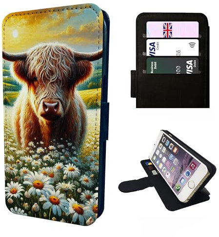 Highland Cow Wallet Phone Case Flip Cover Compatible with iPhone SE 7 8 X XR 11 12 13 14 15 16 16E Plus Mini Pro Max – Faux Leather Scottish Highland Cow Print, Farm Animal Gift, Cute Daisy Cow Case