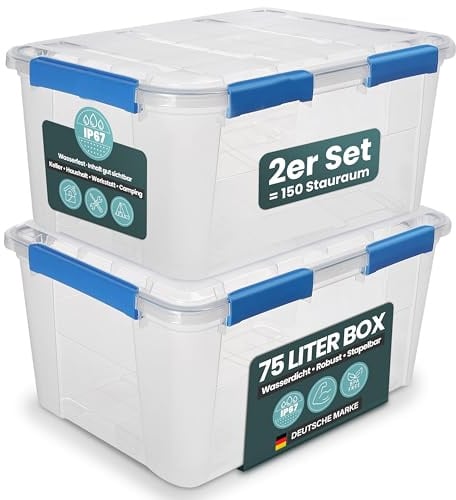 Kreher Aufbewahrungsbox mit Deckel, wasserdicht (75 Liter, Nr. 2) | Staub- & luftdicht dank Silikondichtung und Clips, transparent und stapelbar, BPA- & schadstofffrei, robuste Kunststoffbox
