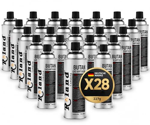 Roland Camping Butan Gaskartusche 227g – 28 Stück Gaskartuschen für Schweißbrenner Gaskocher, Lötbrenner & Heizung – Premium Qualität Butangas mit oder ohne Gasbrenner (28 Stück)