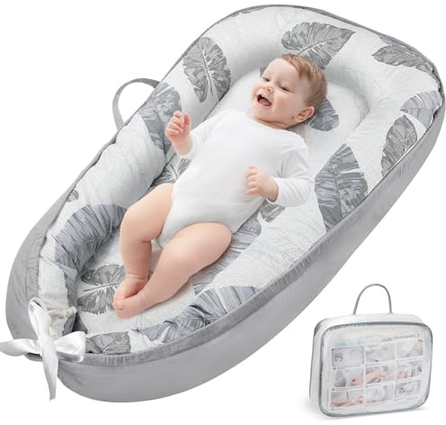 URMYWO Babynestchen Neugeborene - Nestchen Baby 90x50 cm - Kokon Handmade zweiseitig Reisebett für Babys aus 100% Baumwolle - Baby Nest (Feder Grau)
