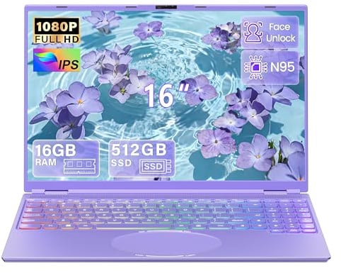 Fsjun 16 Zoll FHD Laptop Lila, 512GB SSD, 16GB DDR4 RAM, Quad-Core N95 CPU
