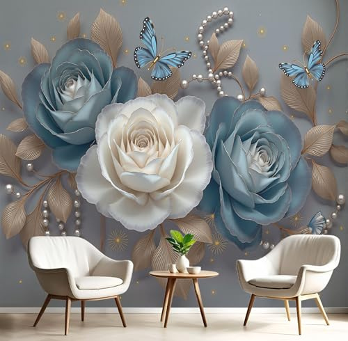 Tapete Kinderzimmer Aquarell Rose Fototapete Wohnzimmer, Luxus Schmuck Blumen Vliestapete Küche, Wand Deko Tapeten, 350×256cm(B×H) Wandverkleidung Dunkelgrau XXL Wandtapete Schlafzimmer