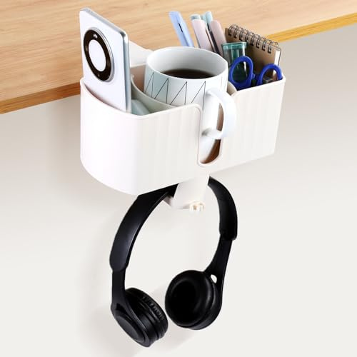 OTraki Support Casque 4 en 1 Table Porte-gobelet Blanc | Support Sous Bureau Rotatif 360° Porte-gobelet Amovible pour Casque Tasse Téléphone Stylo