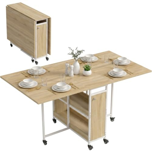 Blisswood Folding Dining Table, 152cm Large Extendable Drop Leaf Dining Table for 4–6 People with Storage Shelves & 6 Lockable Wheels, Space Saving Wooden Foldable Kitchen Table for Small Spaces, Oak