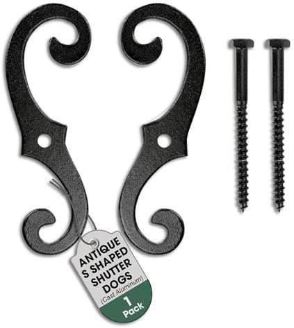 Renovators Supply Black Shutter Dog Holders 6.5 in. Antique Decorative S Style Solid Aluminium Rust Resistant Powder Coated External Shutter Tieback with Mounting Screws (Pack of 1 Pair)