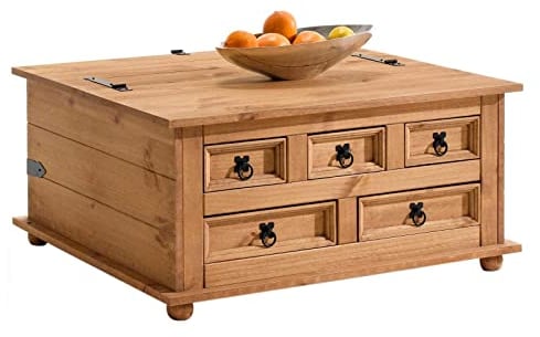IDIMEX Table Basse de Salon Tequila Coffre Malle de Rangement rectangulaire en Bois Style Mexicain avec 5 tiroirs, en pin Massif Finition teintée et cirée