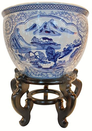 Oriental Furnishings Landscape Painted Porcelain Garden Pot, Blue/White, 8 Inch