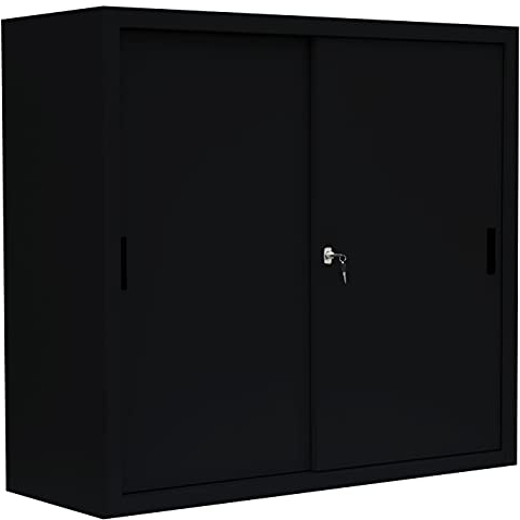 Schiebetürenschrank komplett montiert schwarz 109x120x45cm (HxBxT) Schwebetürenschrank Büro Aktenschrank Sideboard aus Stahl 550149