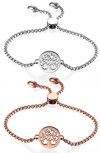 JewelryWe Schmuck 2 PCS Damen Armband, Edelstahl Hohle Baum des Lebens Runde Verstellbar Charm Armkette Armreif, Rosegold Silber