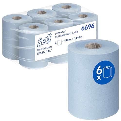 Scott Essential Essuie-mains en rouleaux Slimroll 6696 – Papier bleu 1 pli – Airflex™, Recyclé, Absorbant, Séchage rapide – 6 x 190 m (1 140 m au total)