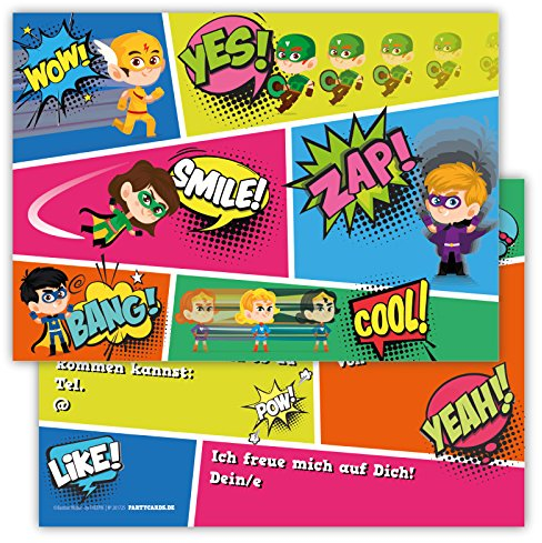 Partycards Einladungskarten Kindergeburtstag Mädchen Junge - 12 Karten - Superheld Design - A6 - Leicht zu Beschriften - Geburtstagseinladungen für Mädchen und Jungen - Perfekt für Feiern
