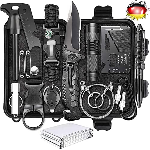 Survival Kit, 15 in 1 Erste Hilfe Set Auto Outdoor Zuhause, Notfall Ausrüstung Stromausfall First Aid Kit Survival Set Überlebensausrüstung für Camping/Bushcraft/Wandern/Geschenke für Papa