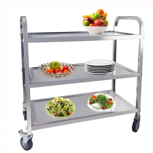 TAIMIKO 3-Tier Stainless Steel Utility Cart Kitchen Rolling Storage Trolley | Catering Restaurants Serving Trolley with Locking Wheels, For Garage, Restaurants, Hotels, Size: 950x500x950mm