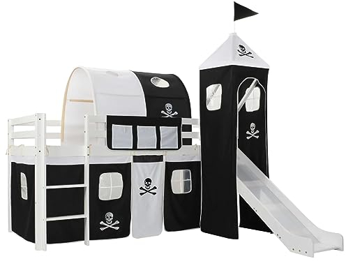 vidaXL Kiefernholz Massiv Hochbett mit Rutsche Leiter Kinderbett Spielbett Jugendbett Holzbett Bett Rutschbett Kinderzimmer 97x208cm Schwarz Weiß