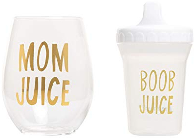 Pearhead Stemless Wine Glass and Sippy Cup Set, Matching Mom and Baby Drinkware Set, Mother’s Day Accessory for New Moms and Expecting Mothers, Gold