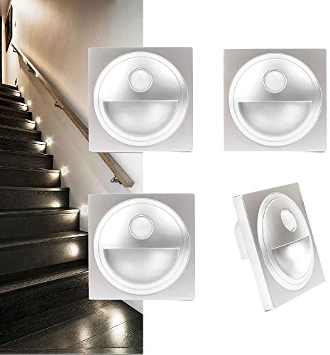 Arote - 4 unidades Lámpara led para montaje en pared (con sensor de movimiento, cuadrada, para escaleras, 230V, Plata (para caja de interruptor de 60 mm)