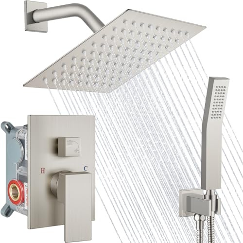 Duscharmatur aus gebürstetem Nickel für Badezimmer, Duschsystem, Wandhalterung, 20.3 cm, Hochdruck-Duscharmatur mit Handbrause, rauem Ventilkörper und Verkleidung im Lieferumfang enthalten