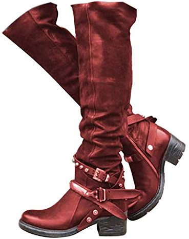 Minetom Stivali Donna Overknee Tacchi Alti sopra Il Ginocchio Tacco Alto Lunghi Boots Fibbia Scarpe Invernali Vino Rosso 40 EU