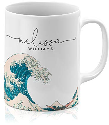 Tirita Personalised Mug Initial with Name, Custom Gift for Mum, Dad, Kids or Girls. [11 - Great Wave Off Kanagawa by Hokusai]