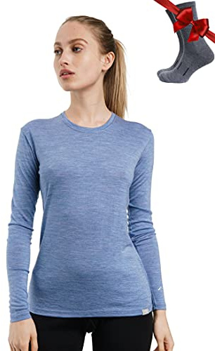 Merino.tech Merino-ull baslager kvinnor – 100 % merinoull tungvikt, medelvikt, lätt långärmad termisk skjorta och strumpor, 165 Djupblå, S
