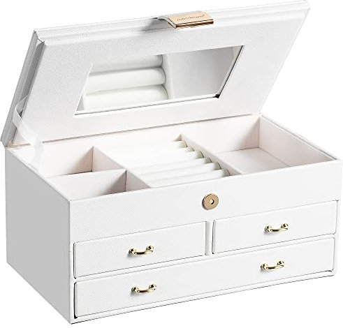 AdelDream Damenschachtel PU-Leder Medium Juwelierlocker mit Schloss Geeignet für Heimfahrt um Ringe Ohrringe Halsketten und armbänder zu lagern 3 Ebenen J11-1-Weiß