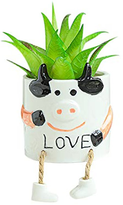 DIYOMR Maceta de cerámica pintada para colgar muñecas, maceta de cactus y bonsái, macetas para suculentas para decoración del hogar y la oficina, no incluye plantas (vaca)