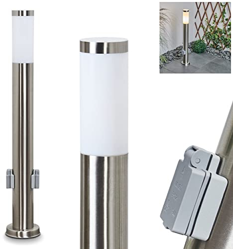 Außenwegeleuchte Sessa mit 2 Steckdosen, moderne Sockelleuchte aus Metall/Kunststoff in Nickel-matt/Weiß, Wegeleuchte 80 cm, Gartenlampe m. E27, Gartenbeleuchtung IP44, ohne Leuchtmittel