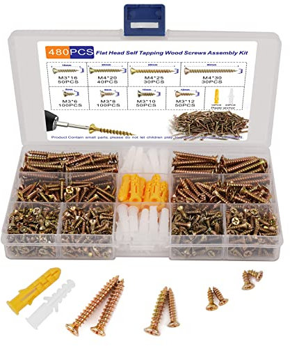 480pcs Wood Screws Assortment, M3 M4 Countersunk Self Tapping Screws, 8 Sizes Zinc Galvanized Screw for Wood with 30pcs Screw Anchorss,for Furniture, Woodworking, DIY Model Fixing