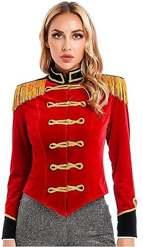 Freebily Déguisement Carnaval Femme Manteau Blazer Blousons Costume Cirque Ringmaster Circus Tassel Jacket Coat Victorian Tailcoat Cosplay Party Rouge M