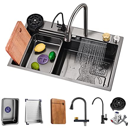 NOYHHAV Lavabo sobre encimera con Grifos negro cocina fregadero Fregaderos talla grande Fregaderos de un seno para Accesorios (68 * 45 * 23CM, Negro)