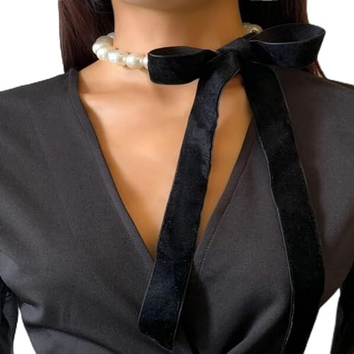 Wendalern Collier Ras Du Cou En Fausses Perles Noir Long Ruban Large Noeud Papillon Collier De Perles Baroques Collier De Perles Collier De Perles Simulées Collier De Collier Bijoux Pour Femmes Filles