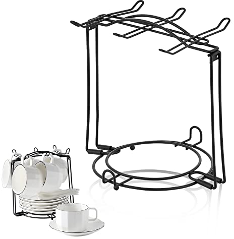 CHILDIKE Coffee Cup Rack, Tea Cup Holder Stand Dishes Organizer, Teacup Display Stand, Iron Tea Set Basket Holder Cup Drying Rack for Counter (Black)